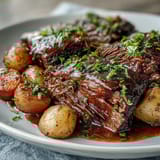 Hearty skillet of slow-braised Beef Pot Roast, surrounded by soft celery and carrots in an herb-infused sauce.