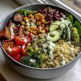 Brightly colored Meal Prep Week-Long Power Bowl featuring roasted sweet potatoes and broccoli beside fresh cherry tomatoes and cucumbers.