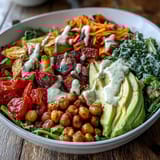 Colorful cherry tomatoes and creamy avocado slices garnish a wholesome Breakfast Buddha Bowl drizzled with tahini dressing.