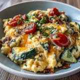 Steam rises from a warm Scrambled Egg and Veggie Bowl topped with melted cheese.
