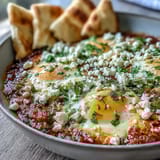 Golden poached eggs rest in a simmering shakshuka bowl, garnished with fresh cilantro and a side of warm pita bread.