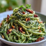 Creamy dandelion pesto with garlic and toasted pine nuts, vibrant and fresh, perfect for pasta or sandwiches.