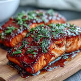 Perfectly grilled cedar plank salmon with a shimmering maple Dijon glaze.