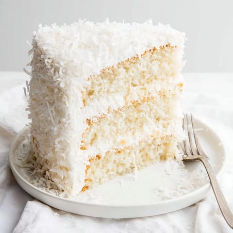 A layered Coconut Cake slice reveals white filling and toasted coconut flakes.