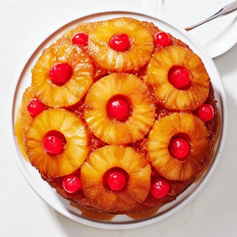 Freshly baked Pineapple Upside-Down Cake features golden caramelized pineapple rings and bright red cherries glistening on top.