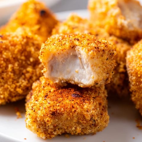 Tender marinated chicken pieces coated in panko breadcrumbs, fried until perfectly crunchy alongside dipping sauces on a plate.