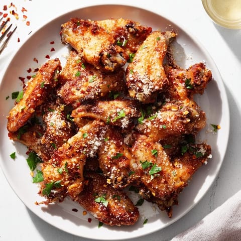 A close-up of Garlic Parmesan Wings piled high, ready to serve with a cold craft beer.