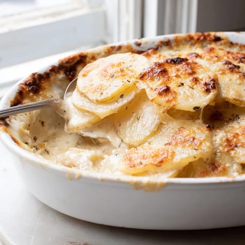Golden brown Au Gratin Potatoes fresh from the oven with a bubbling, cheesy crust.