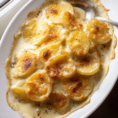 Creamy Au Gratin Potatoes served hot alongside a fresh green salad for dinner.