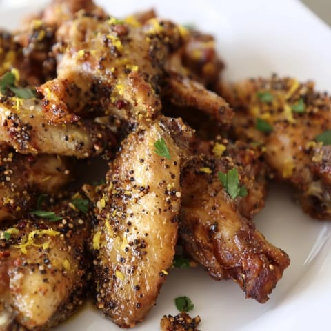Freshly baked Lemon Pepper Wings on a platter, garnished with parsley and lemon zest, with a side of ranch dip.