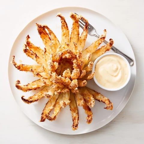 Freshly fried Blooming Onion with crispy battered petals displayed as a shareable game day appetizer.