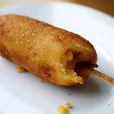 A hand holds a freshly fried Corn Dog dripping with sweet cornmeal batter beside mustard.
