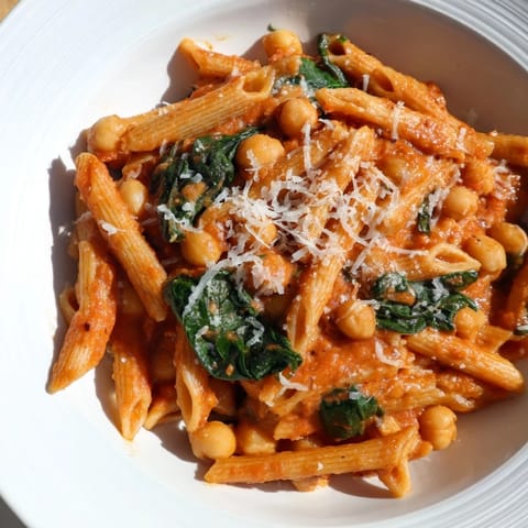 A close-up of Creamy Tuscan Chickpea Pasta, garnished with fresh basil and Parmesan, ready to serve for dinner.