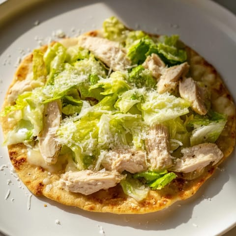 Freshly dressed romaine, tangy Caesar, and parmesan on warm flatbread, sliced for serving.