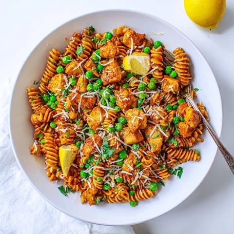 Fork-tender chicken pieces and sweet green peas are tossed with curly pasta in a glossy garlic butter sauce, garnished with fresh parsley.  