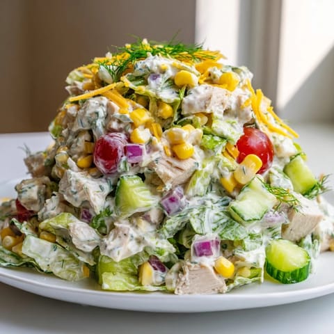 A hearty serving of Ranch Chicken Chopped Salad featuring juicy diced chicken, crunchy vegetables, and a light, tangy Greek yogurt ranch drizzle.