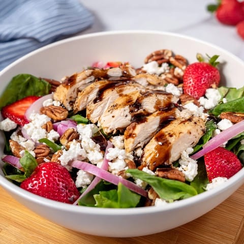 Grilled chicken and fresh strawberries top a bed of mixed greens in this vibrant Strawberry Balsamic Chicken Salad.