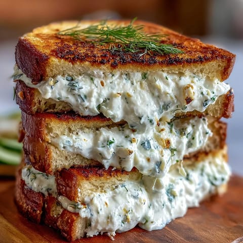 Close-up of a perfectly grilled whipped feta spring grilled cheese split open.