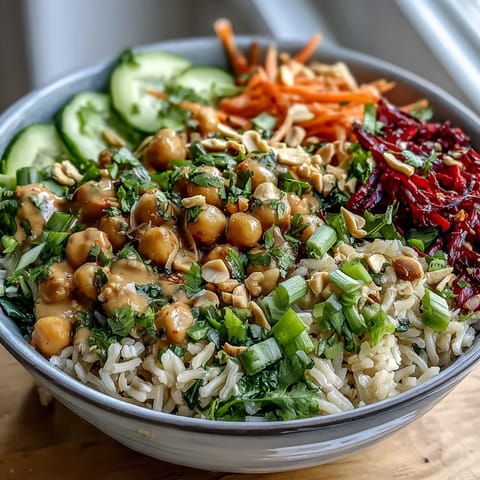 A close-up of the Peanut Chickpea Rice Bowl shows fluffy brown rice topped with chickpeas, shredded carrots, and red cabbage, drizzled with creamy peanut dressing.