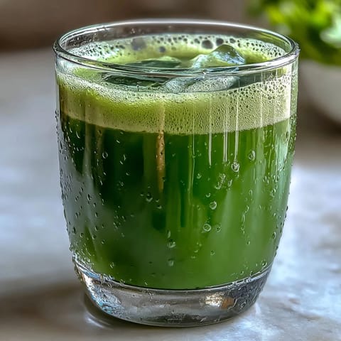Two refreshing glasses of Celery Ginger Lemon Juice sit on a bright kitchen counter, garnished with lemon and mint.  