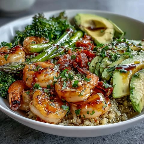 A vibrant Detox Buddha Bowl with Shrimp and Quinoa, featuring grilled shrimp, crisp broccoli, fluffy quinoa, and creamy avocado slices.
