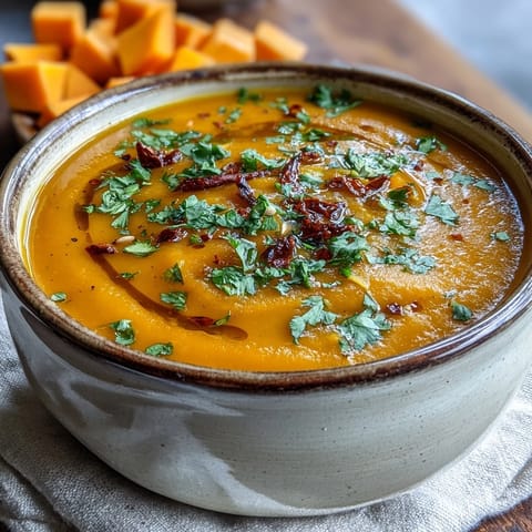Roasted butternut squash and red lentils simmered with warming spices in a pot for a hearty vegan soup.