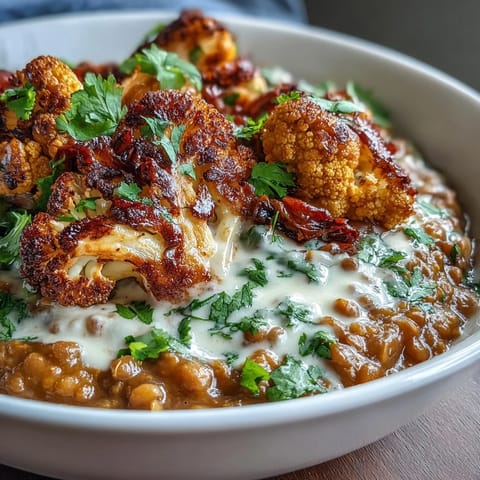 Creamy red lentil dhal with golden cumin-roasted cauliflower florets, topped with fresh cilantro and served in a warm bowl.