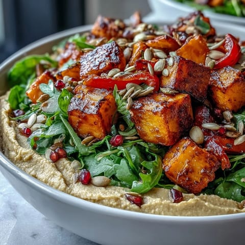 Golden roasted butternut squash and sweet potatoes on a bed of creamy butter bean hummus, garnished with toasted seeds and fresh parsley.