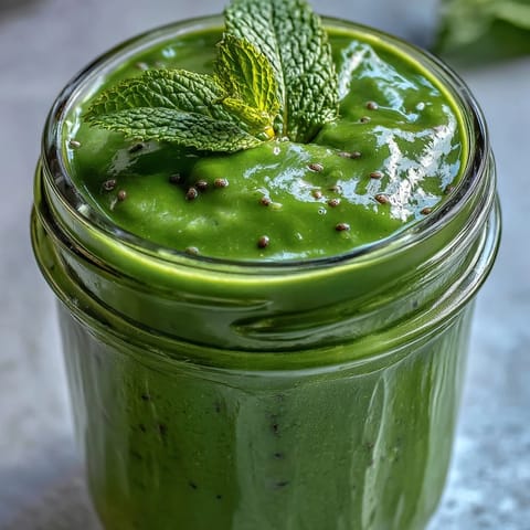 Two serving glasses of Green Detox Smoothie garnished with fresh mint leaves and a sprinkle of chia seeds on top.  