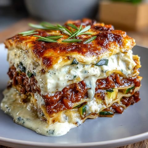 A close-up of One-Pan Smoky Veggie Lentil Lasagne, showing golden melted cheese bubbling over layers of pasta and rich, smoky lentil filling.
