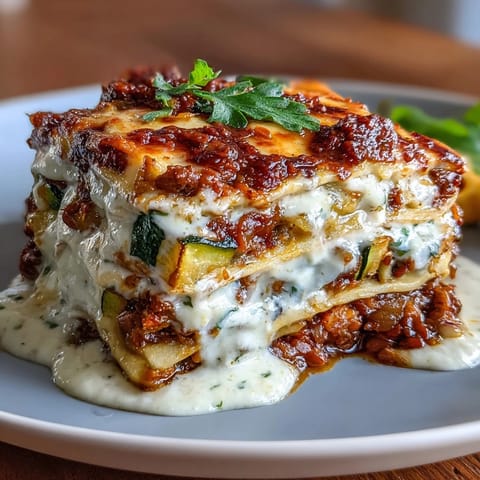 Fresh basil garnish and steam rise from the golden top of One-Pan Smoky Veggie Lentil Lasagne in a rustic skillet.
