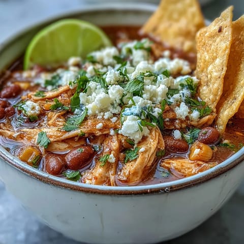 Freshly fried corn tortilla strips and crumbled cotija cheese garnish a steaming bowl of Chicken Tortilla Soup. The bright avocado and lime wedges add a pop of color.