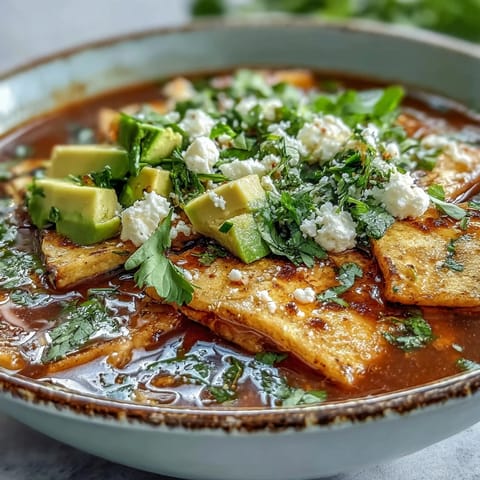 Garnished Sopa Azteca served with lime wedges and a swirl of crema on top of the savory red broth.