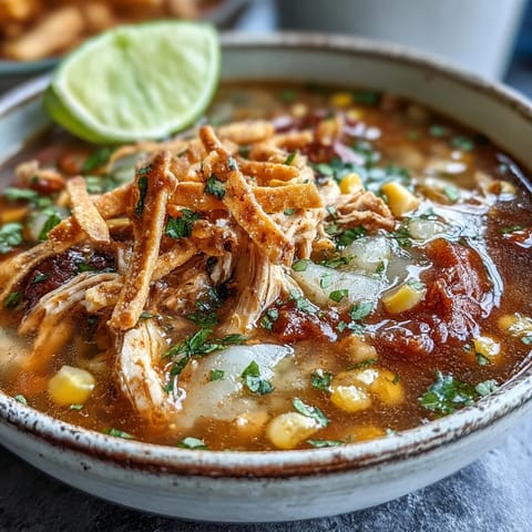 Ready-to-serve Best Chicken Tortilla Soup garnished with sliced avocado, shredded cheese, and a fresh lime wedge.