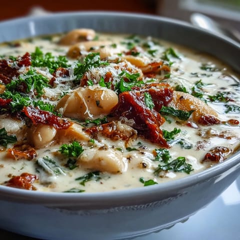 Rustic bowl of Creamy Tuscan White Bean Soup with golden pancetta and grated Parmesan, ready to be served with crusty bread.