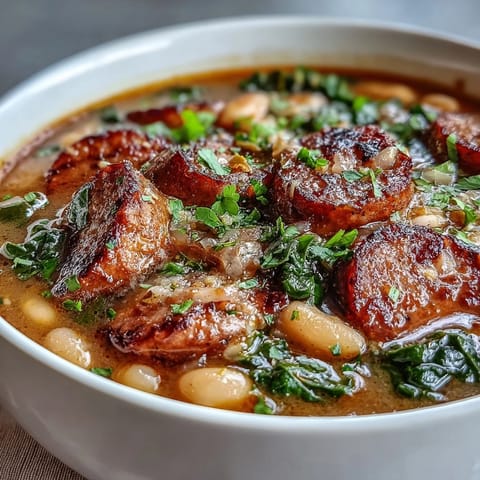Steaming Italian White Bean Soup with Kale and Sausage, served in a rustic bowl with a side of crusty bread.