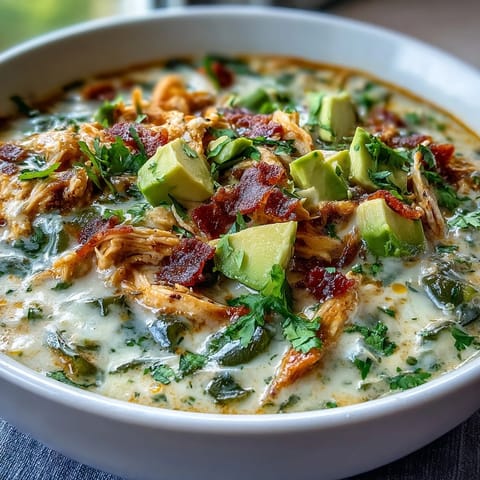 A ladle lifts a rich, creamy spoonful of Creamy Chicken Tortilla Soup, revealing shredded chicken and peppers in green broth.