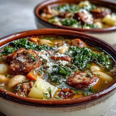 Hearty Tuscan White Bean Sausage Soup served with crusty bread and fresh Parmesan, perfect for cozy dinners.