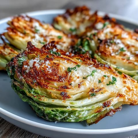 Crispy roasted cabbage wedges brushed with garlic olive oil and topped with melted Parmesan cheese.