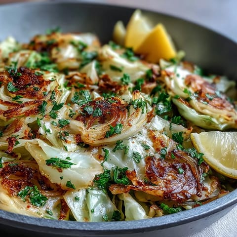 Tender green cabbage and red onions sautéed with garlic and warm spices, served as a vegan, gluten-free side dish.