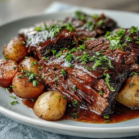 Hearty skillet of slow-braised Beef Pot Roast, surrounded by soft celery and carrots in an herb-infused sauce.