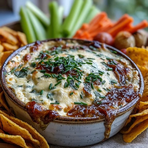 Golden-brown smoked Gouda & onion dip, baked until bubbly, ready to scoop with sturdy potato chips.