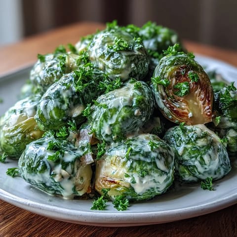 Freshly cooked Brussels sprouts coated in a creamy cream cheese and Dijon mustard sauce, garnished with chopped parsley for a savory side dish.