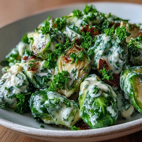 Tender Brussels sprouts simmered in a rich, silky cream cheese and mustard sauce with sautéed onions and garlic.