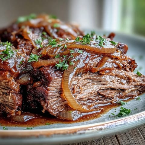 Tender slices of Savory Crock Pot French Onion Pot Roast, topped with melted Gruyère and fresh parsley, served from the slow cooker.  