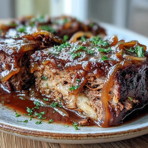 A close-up of Savory Crock Pot French Onion Pot Roast, bubbling with rich beef juices, caramelized onions, and thyme.  