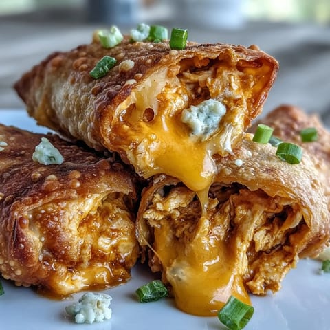 Golden-brown, crispy Buffalo Chicken Dip Egg Rolls rest on a platter, revealing a creamy, spicy filling with melted cheddar and green onions.