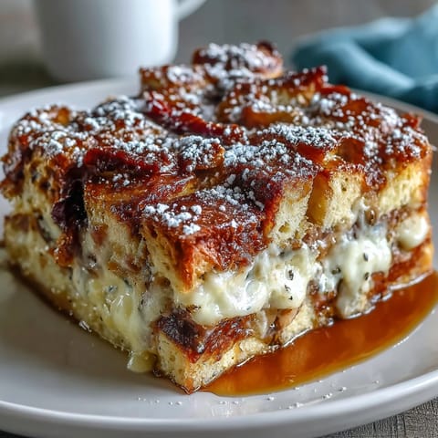 Slices of Monte Cristo Breakfast Casserole show layers of ham, turkey, and Swiss cheese on a plate.