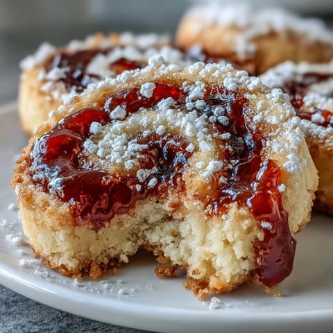 Freshly baked Raspberry Swirl Shortbread Cookies with golden edges and a vibrant jam center rest on a cooling rack.