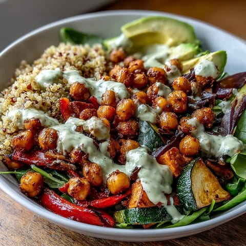 Roasted Chickpea Power Bowl topped with creamy tahini dressing and fresh avocado slices on a ceramic plate.